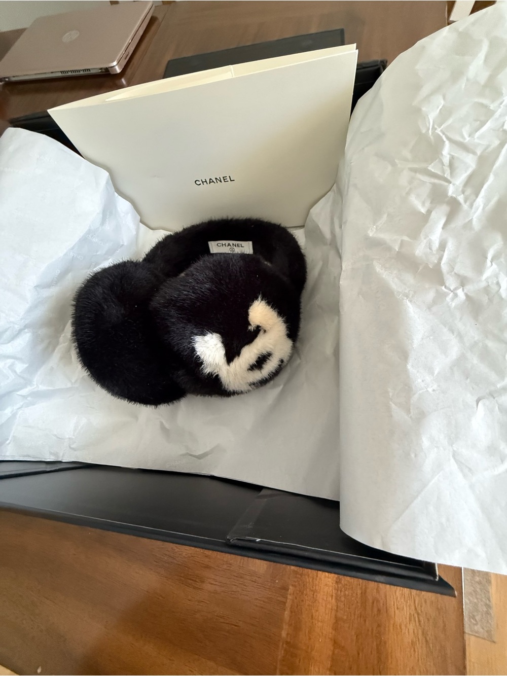 CHANEL Black and White Fur Logo Earmuffs - Picture 6 of 14